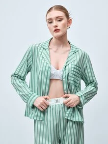 Softvol 2pcs Women Lapel Button Long Sleeve Top + Elastic Waist Pants Pajama Set - Green - View 4