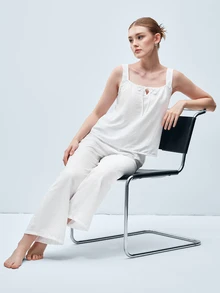 Softvol 2pcs Women's Camisole Crop Top + Straight Leg Elastic Waist Pants Pajama Cute Loungewear Set - White - View 8