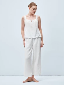 Softvol 2pcs Women's Camisole Crop Top + Straight Leg Elastic Waist Pants Pajama Cute Loungewear Set - White - View 4
