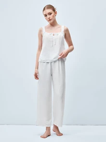 Softvol 2pcs Women's Camisole Crop Top + Straight Leg Elastic Waist Pants Pajama Cute Loungewear Set - White - View 3