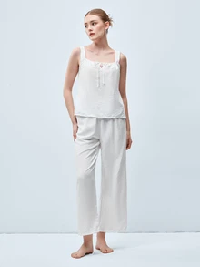Softvol 2pcs Women's Camisole Crop Top + Straight Leg Elastic Waist Pants Pajama Cute Loungewear Set - White - View 1