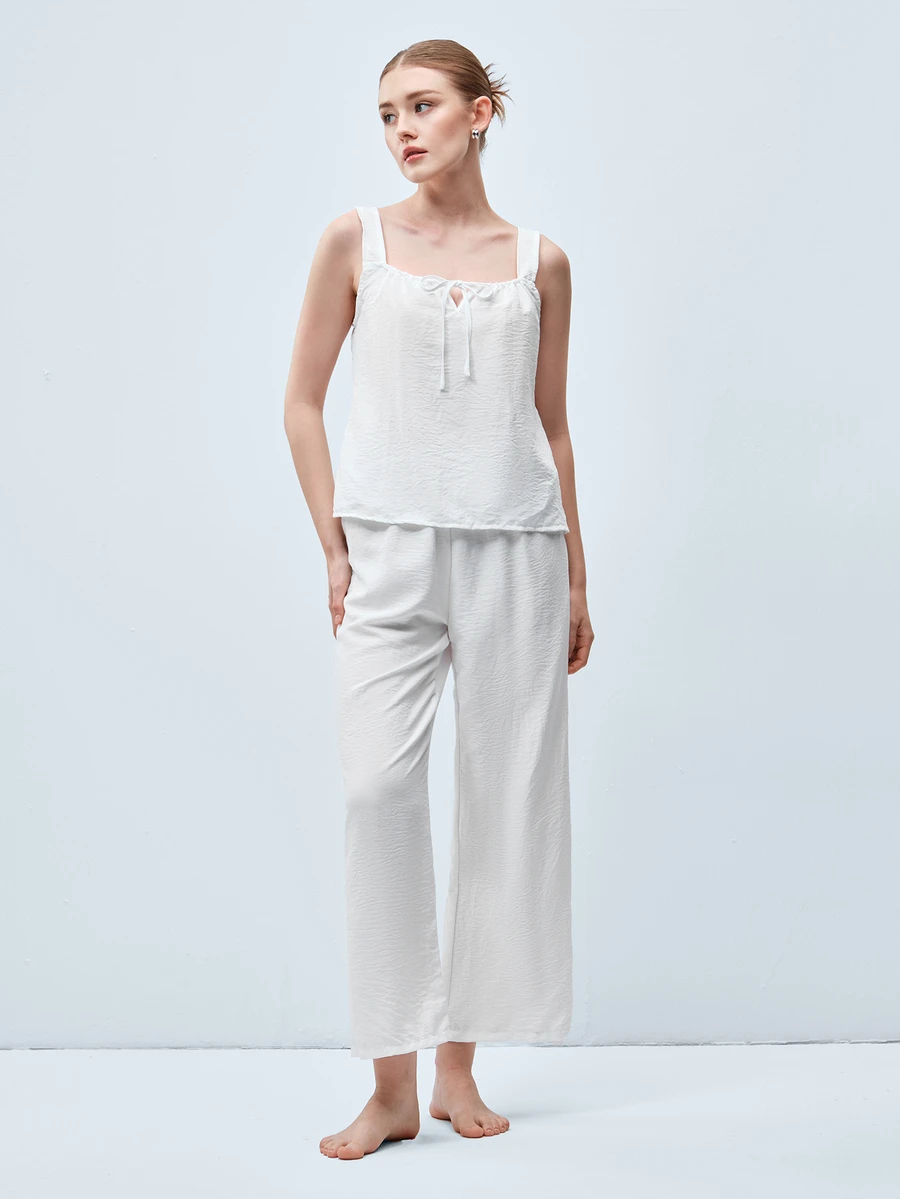 Softvol 2pcs Women's Camisole Crop Top + Straight Leg Elastic Waist Pants Pajama Cute Loungewear Set - White - View 1
