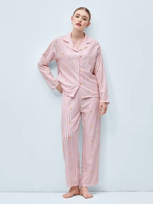 Softvol 两件套女士宽松舒适透气长袖上衣和长裤睡衣套装 - 粉色 - 查看 8