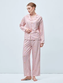 Softvol 两件套女士宽松舒适透气长袖上衣和长裤睡衣套装 - 粉色 - 查看 7