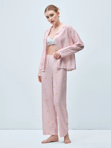 Softvol 两件套女士宽松舒适透气长袖上衣和长裤睡衣套装 - 粉色 - 查看 4