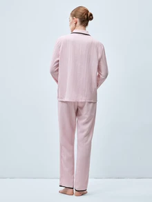 Softvol 两件套女士宽松舒适透气长袖上衣和长裤睡衣套装 - 粉色 - 查看 2