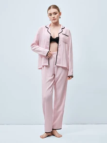 Softvol 两件套女士宽松舒适透气长袖上衣和长裤睡衣套装 - 粉色 - 查看 7