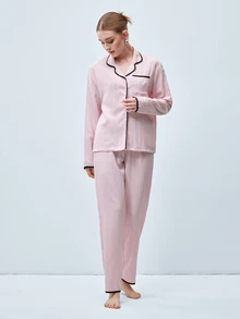 Softvol 两件套女士宽松舒适透气长袖上衣和长裤睡衣套装 - 粉色 - 查看 3