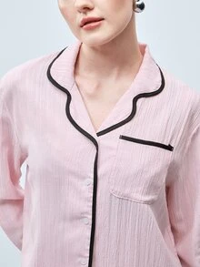 Softvol 两件套女士宽松舒适透气长袖上衣和长裤睡衣套装 - 粉色 - 查看 6