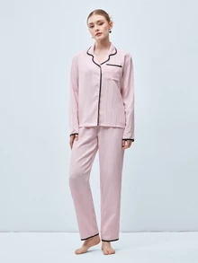 Softvol 两件套女士宽松舒适透气长袖上衣和长裤睡衣套装 - 粉色 - 查看 4