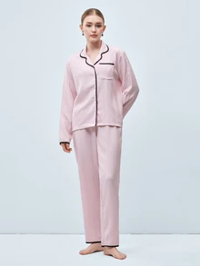 Softvol 两件套女士宽松舒适透气长袖上衣和长裤睡衣套装 - 粉色 - 查看 5