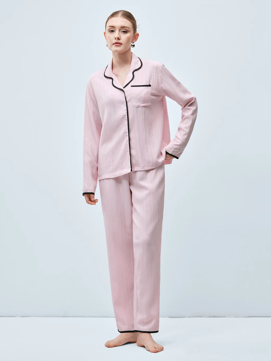 Softvol 两件套女士宽松舒适透气长袖上衣和长裤睡衣套装 - 粉色 - 查看 1
