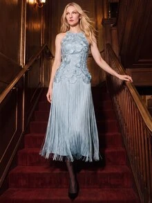 Anewsta Elegant Princess 3D Floral Patchwork Tassel Dress, Suitable For Wedding, Party Gala Night Formal, Event, Spring/Summer Navy Blue Floral - Blue - View 5