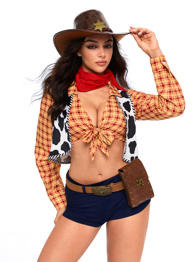 Anime Women's 3-Piece Set Plaid Shirt Cow Print Vest Super Short Shorts Street Style Cosplay