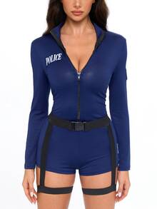 ROMWE Anime Valentine's Day Women's Police Costume Role Play Sexy Lingerie Front Zipper High Neck Long Sleeve Jumpsuit + Leg Garter Waist Belt Costume Set - Blue - View 3
