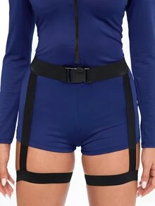 ROMWE Anime Valentine's Day Women's Police Costume Role Play Sexy Lingerie Front Zipper High Neck Long Sleeve Jumpsuit + Leg Garter Waist Belt Costume Set - Blue - View 6