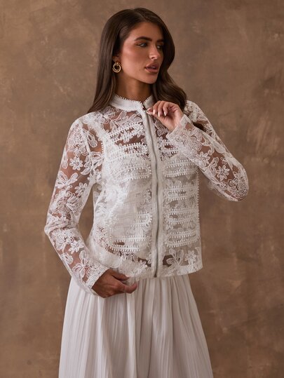 SHEIN BAE Áo khoác lưới thêu hoa thanh lịch cho nữ, mùa thu