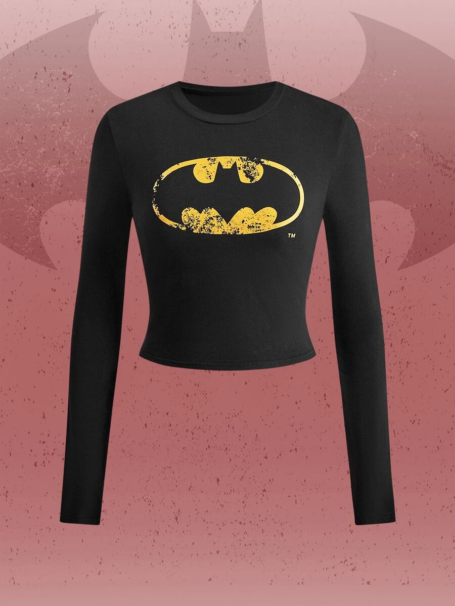 Batman X ROMWE Co-Branded Colorblock Print Fitted Cropped Long Sleeve T-Shirt For Women - Black - View 1