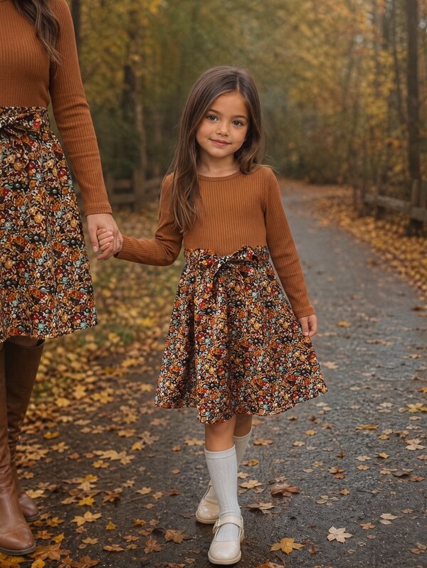Emery Rose Kids Emery Rose Kids Young Girl Vacation Patchwork Floral Hem Round Neck Long Sleeve Dress