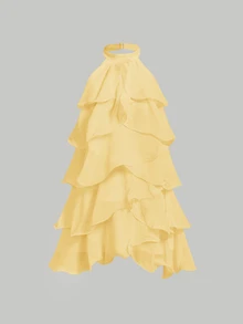 SHEIN MOD Vestido mini blanco de cuello halter con cuello alto y volantes multicapa - Amarillo claro - Ver 4