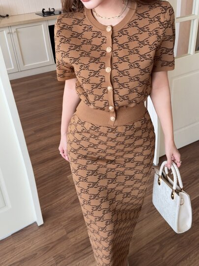 Feyla Women's Button Short Sleeve Knit Top And Fitted Long Skirt Sexy Elegant Set Dinner Date Birthday Brown Autumn