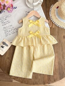 SHEIN Baby Girls' Cotton Pastel Yellow Plaid Summer Vest Set,Cute Sleeveless Round Neck Bow Decor Ruffle Hem Outfit For 1 To 2 Years Old,Vacation Holiday - Yellow - View 4