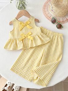 SHEIN Baby Girls' Cotton Pastel Yellow Plaid Summer Vest Set,Cute Sleeveless Round Neck Bow Decor Ruffle Hem Outfit For 1 To 2 Years Old,Vacation Holiday - Yellow - View 3