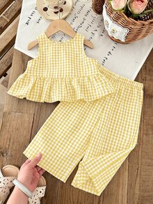 SHEIN Baby Girls' Cotton Pastel Yellow Plaid Summer Vest Set,Cute Sleeveless Round Neck Bow Decor Ruffle Hem Outfit For 1 To 2 Years Old,Vacation Holiday - Yellow - View 2