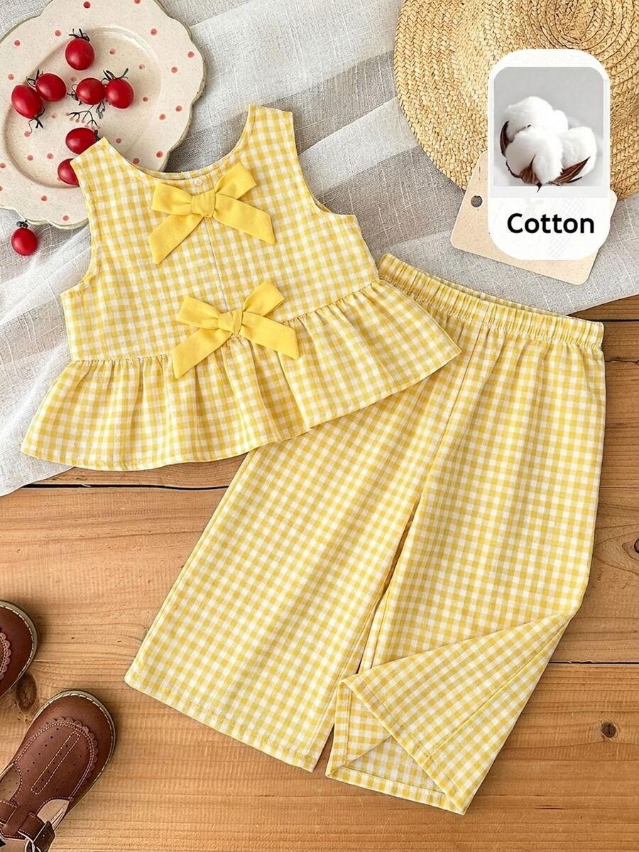 SHEIN Baby Girls' Cotton Pastel Yellow Plaid Summer Vest Set,Cute Sleeveless Round Neck Bow Decor Ruffle Hem Outfit For 1 To 2 Years Old,Vacation Holiday - Yellow - View 1