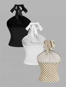 SHEIN MOD 3pcs Women's Solid Color Metal Decor Halter Neck Tank Tops - Apricot - View 11