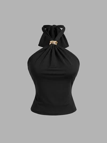 SHEIN MOD 3pcs Women's Solid Color Metal Decor Halter Neck Tank Tops - Apricot - View 8