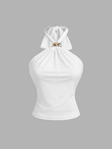 SHEIN MOD 3pcs Women's Solid Color Metal Decor Halter Neck Tank Tops - Apricot - View 5