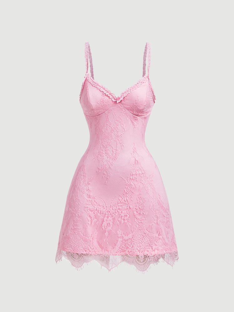 SHEIN MOD Women's Summer Elegant Solid Color Lace Cami Short Dress - Pink - View 1