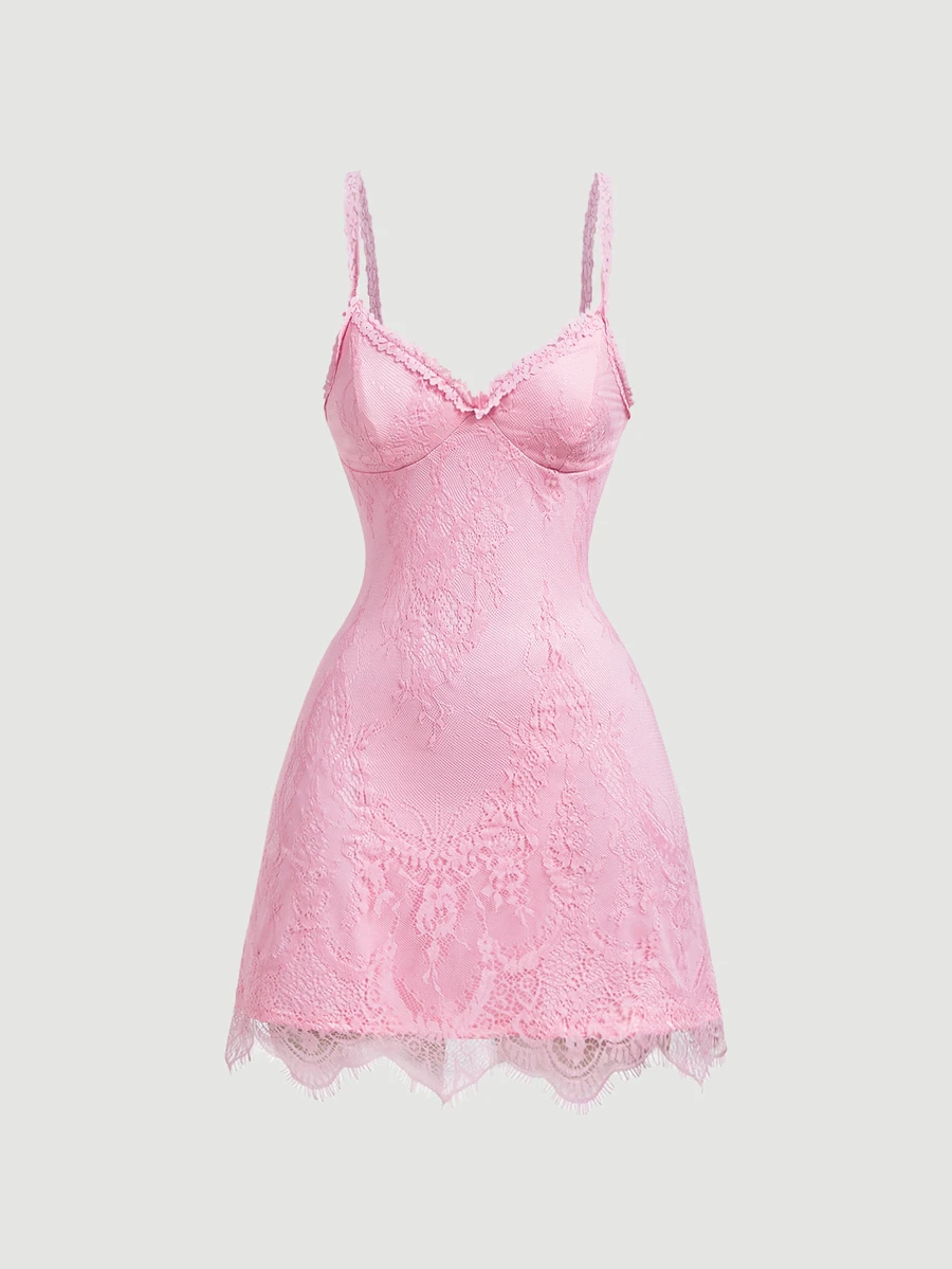 SHEIN MOD Women's Summer Elegant Solid Color Lace Cami Short Dress - Pink - View 1
