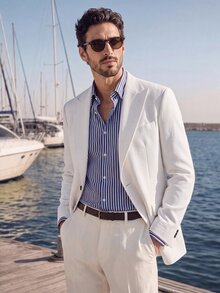 Suiteron Men's Solid Color Lapel Neck Long Sleeve Single-Breasted Casual/Business Blazer, Formal - White - View 2