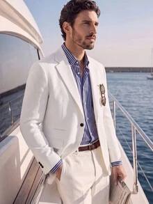 Suiteron Men's Solid Color Lapel Neck Long Sleeve Single-Breasted Casual/Business Blazer, Formal - White - View 4