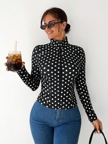 Sirith Polka Dot Print Zip Up Lightweight Jacket - Black and White - View 3