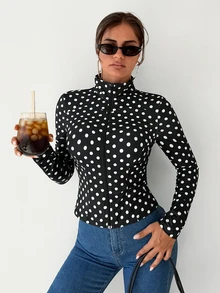 Sirith Polka Dot Print Zip Up Lightweight Jacket - Black and White - View 1
