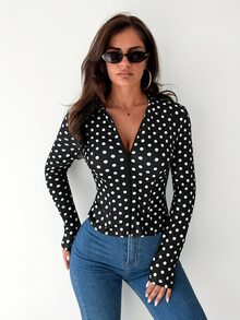 Sirith Polka Dot Print Zip Up Lightweight Jacket - Black and White - View 2