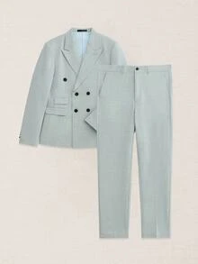Suiteron Men's Sage Green Double Breasted Suit,Summer Elegant Formal 2 Pieces Set,Tailored Fit Linen Blend Textured Blazer & Pants For Wedding & Ceremony - Baby Blue - View 6