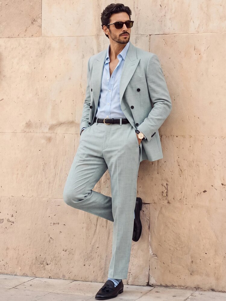 Suiteron 男士鼠尾草綠雙排扣西裝，夏季優雅正式兩件套，修身亞麻混紡紋理西裝外套與長褲，適用婚禮與典禮 - 淺藍色 - 查看 5