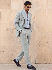 Suiteron Men's Sage Green Double Breasted Suit,Summer Elegant Formal 2 Pieces Set,Tailored Fit Linen Blend Textured Blazer & Pants For Wedding & Ceremony - Baby Blue - View 3