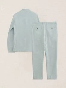 Suiteron Men's Sage Green Double Breasted Suit,Summer Elegant Formal 2 Pieces Set,Tailored Fit Linen Blend Textured Blazer & Pants For Wedding & Ceremony - Baby Blue - View 7