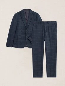 Suiteron 男士 1件格紋單排扣西裝外套 & 1件正式西裝長褲，老錢風，儀式感 - 藏蓝色 - 查看 7
