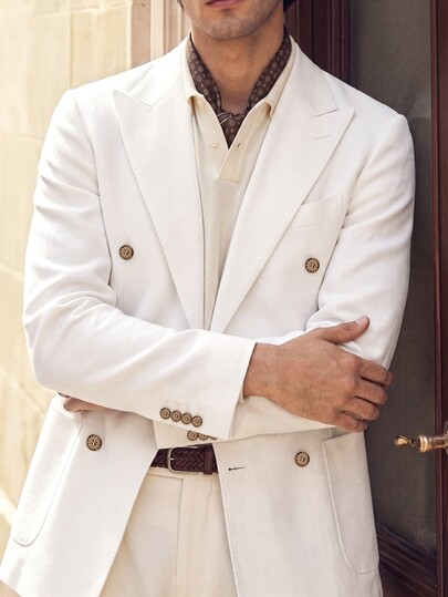 Suiteron Double-Breasted Linen White Epaulet Long Sleeve Elegant Lapel Neck Blazer White Double Breasted Blazer Men, Formal