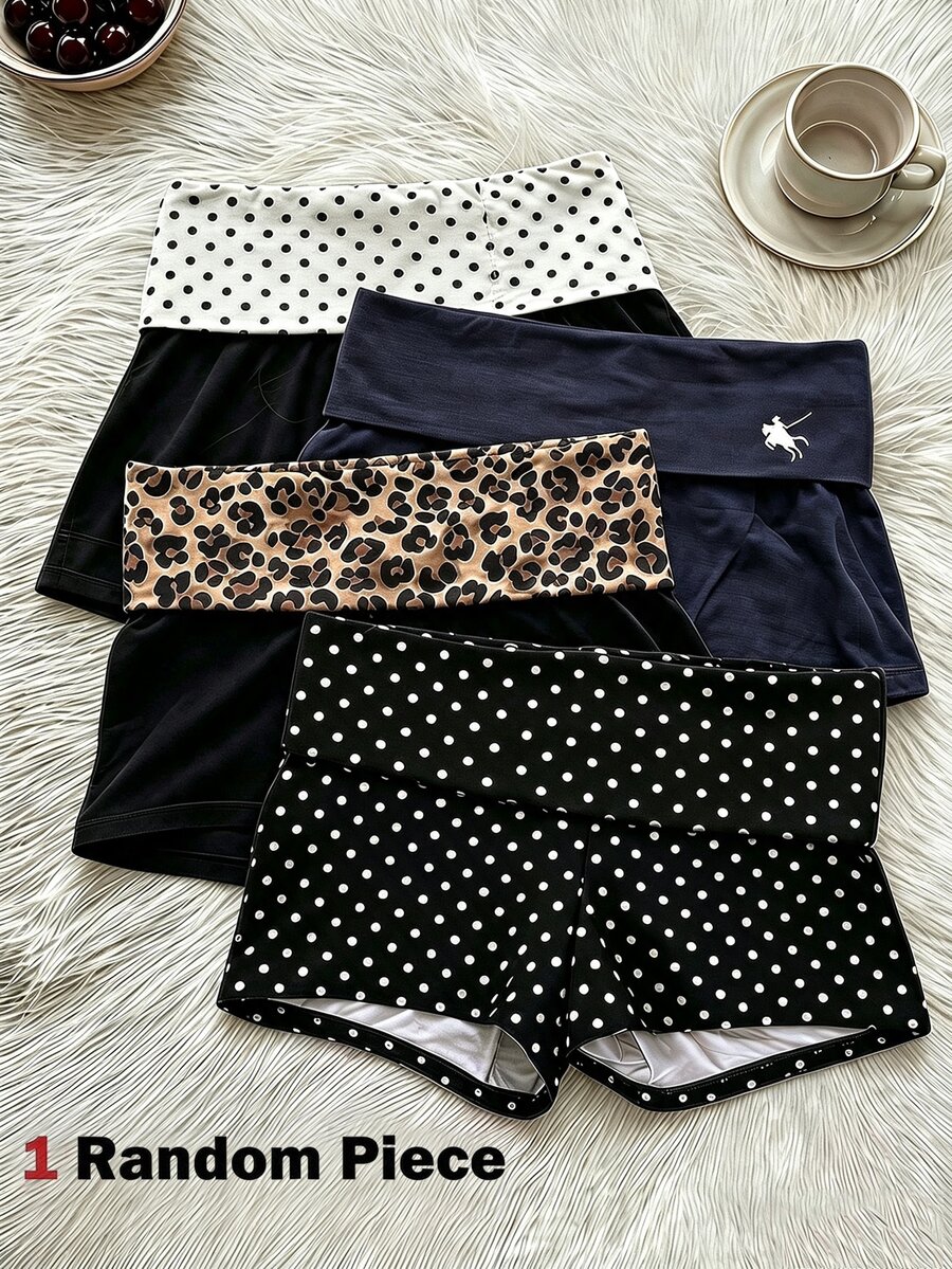 SHEIN Sparklyn Teen Girls Casual All-Match Versatile Daily Folded Waist Printed Super Short Knit Shorts 1 Random Piece - Black - View 1