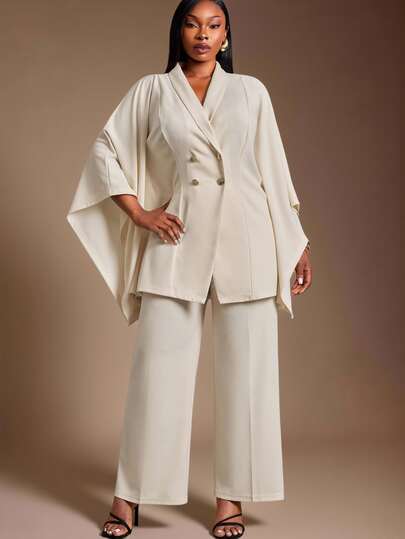 Radiana Curve Plus Size Women's Autumn Winter Elegant Curve Minimalist Old Money Style Solid Color Double-Breasted Batwing Sleeve Cape Jacket Trousers 2-Piece Set