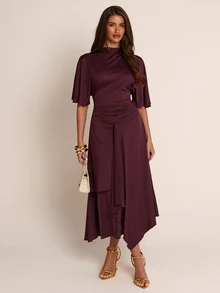 SHEIN PETITE CURVE Plus Size Women's Solid Color Stand Collar Short Sleeve Pleated Elegant Knit Dress Wedding Cocktail Party Dark Purple Summer - Brown - View 5