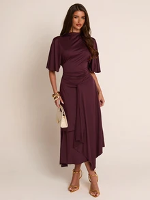 SHEIN PETITE CURVE Plus Size Women's Solid Color Stand Collar Short Sleeve Pleated Elegant Knit Dress Wedding Cocktail Party Dark Purple Summer - Brown - View 6