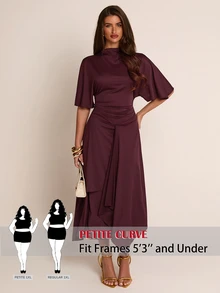 SHEIN PETITE CURVE Plus Size Women's Solid Color Stand Collar Short Sleeve Pleated Elegant Knit Dress Wedding Cocktail Party Dark Purple Summer - Brown - View 1